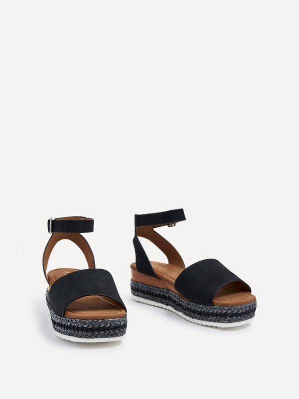 Linzi Black Faux Nubuck Flatform Two Part Sandal With Two Tone Plaited Sole