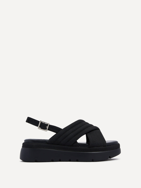Linzi Black Faux Nubuck Padded Crossover Flatform Sandals