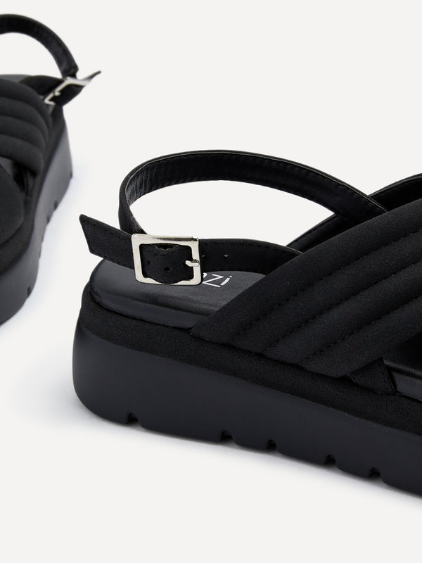 Linzi Black Faux Nubuck Padded Crossover Flatform Sandals