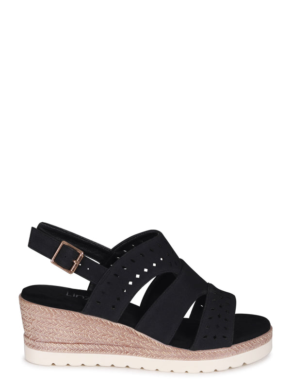Linzi Black Faux Nubuck Slingback Wedge With Cut Out Design Front Strap