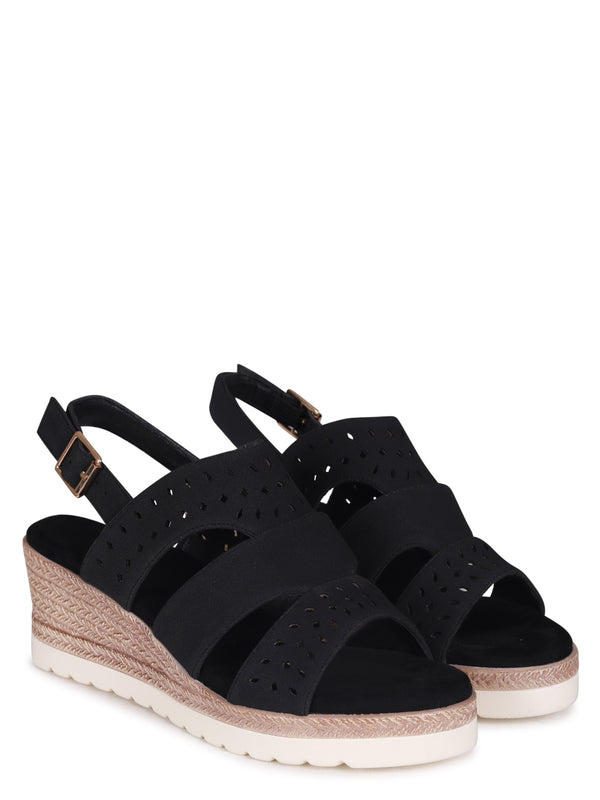 Linzi Black Faux Nubuck Slingback Wedge With Cut Out Design Front Strap