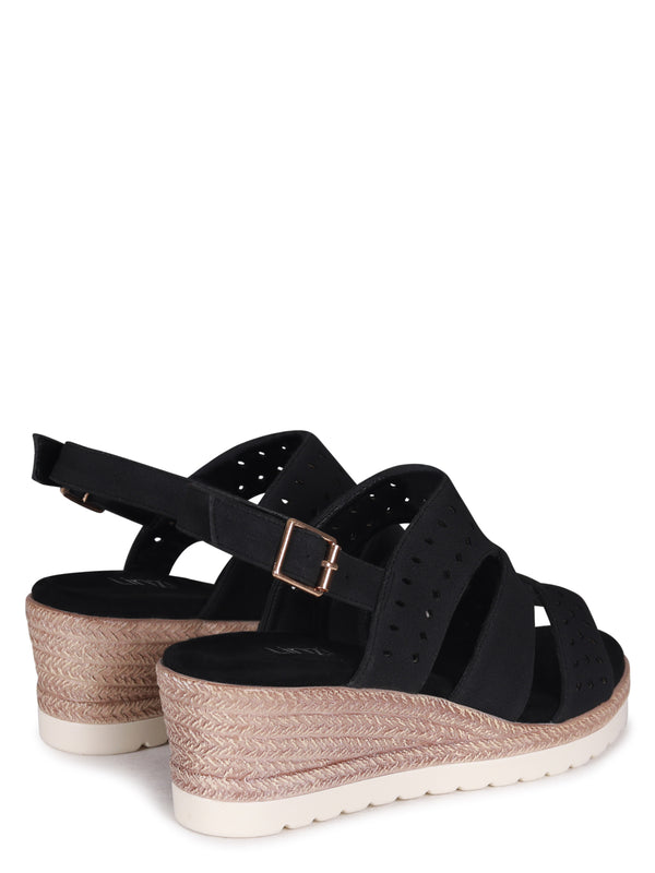 Linzi Black Faux Nubuck Slingback Wedge With Cut Out Design Front Strap