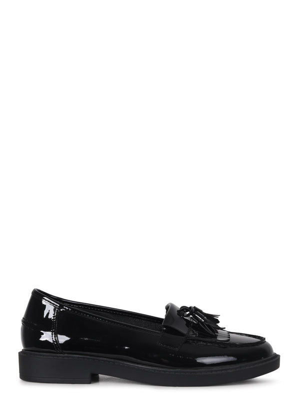 Linzi Black Faux Patent Leather Classic Slip On Loafer With Fringing