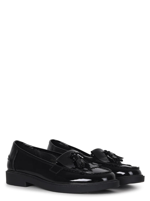 Linzi Black Faux Patent Leather Classic Slip On Loafer With Fringing