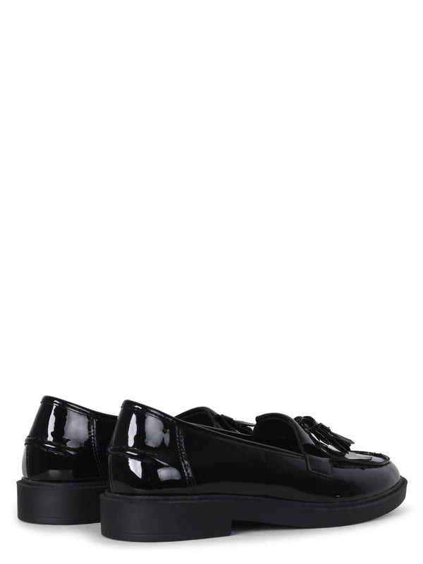 Linzi Black Faux Patent Leather Classic Slip On Loafer With Fringing