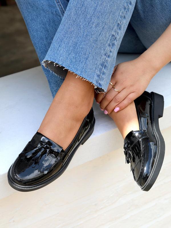 linzi Black Faux Patent Leather Classic Slip On Loafer With Fringing