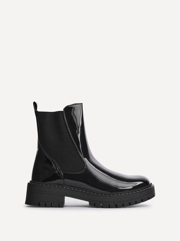 Linzi Black Faux Patent Leather Silver Stud Detail Sole Chelsea Boot