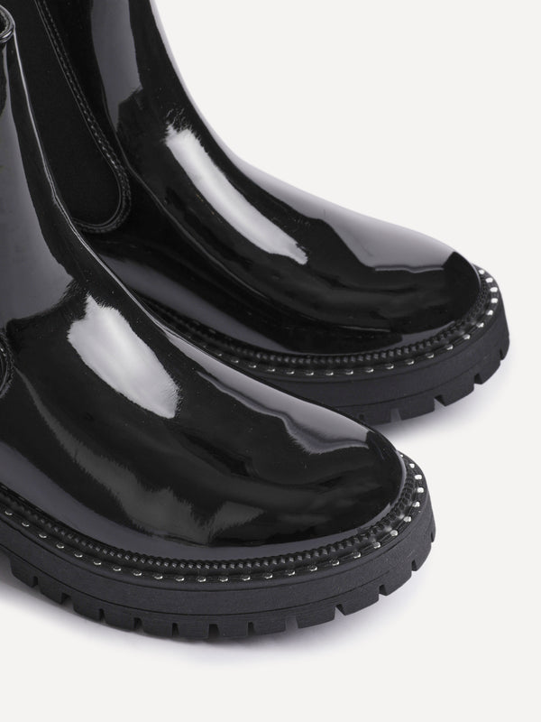 Linzi Black Faux Patent Leather Silver Stud Detail Sole Chelsea Boot