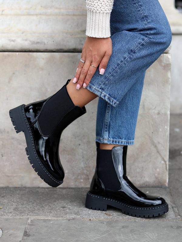 linzi Black Faux Patent Leather Silver Stud Detail Sole Chelsea Boot