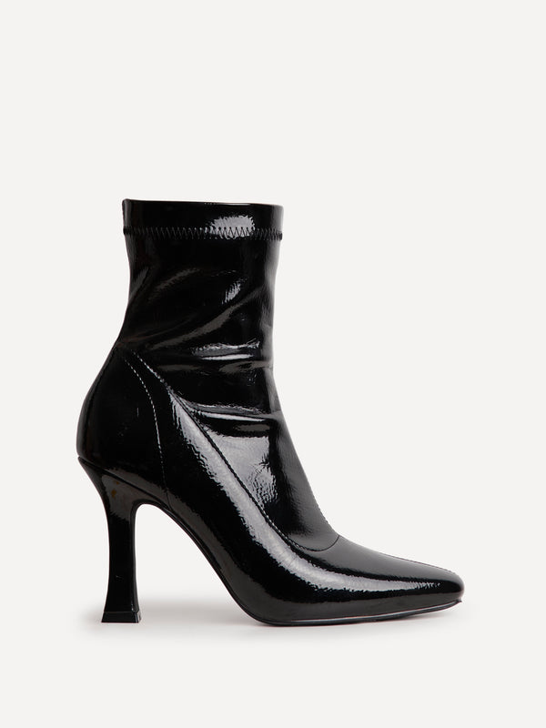 Linzi Black Faux Patent Leather Square Toe Heeled Sock Boot