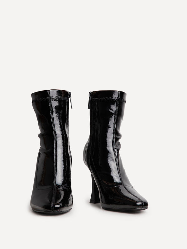 Linzi Black Faux Patent Leather Square Toe Heeled Sock Boot