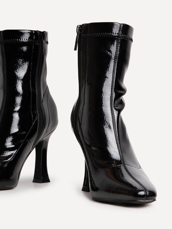 Linzi Black Faux Patent Leather Square Toe Heeled Sock Boot