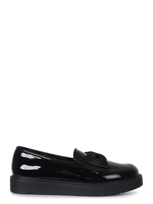 Linzi Black Faux Patent Loafer With Fabric Bow Detail