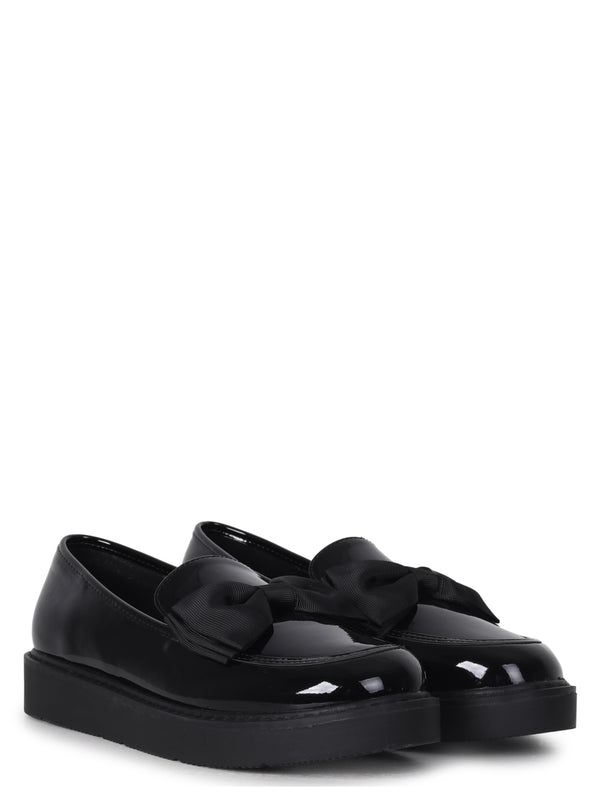 Linzi Black Faux Patent Loafer With Fabric Bow Detail