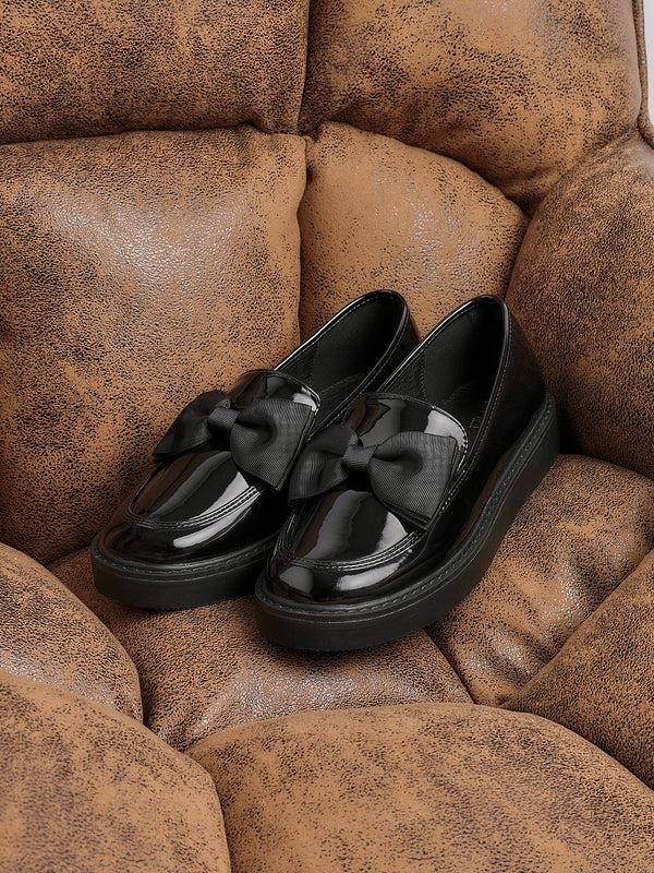 linzi Black Faux Patent Loafer With Fabric Bow Detail
