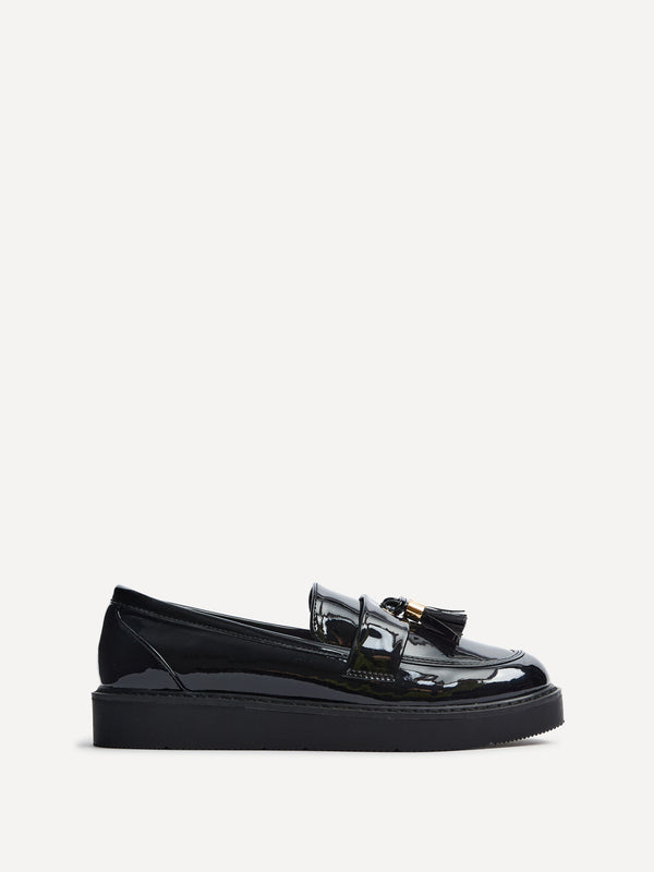 Linzi Black Faux Patent Loafer With Gold Tassel Detail