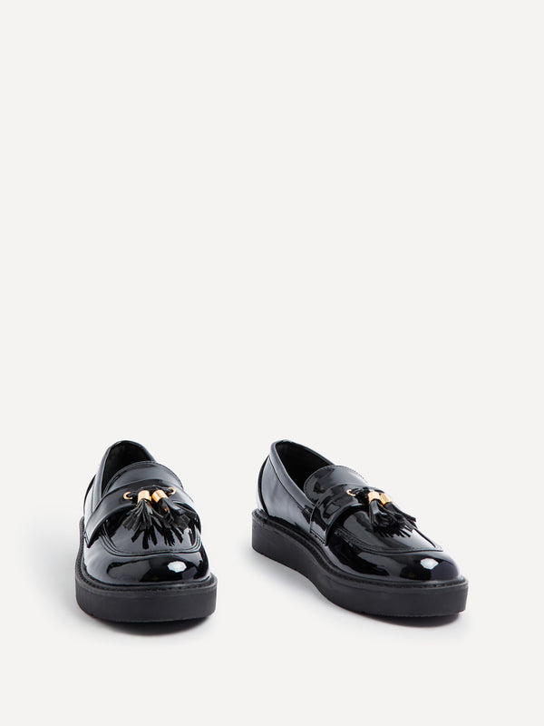 Linzi Black Faux Patent Loafer With Gold Tassel Detail