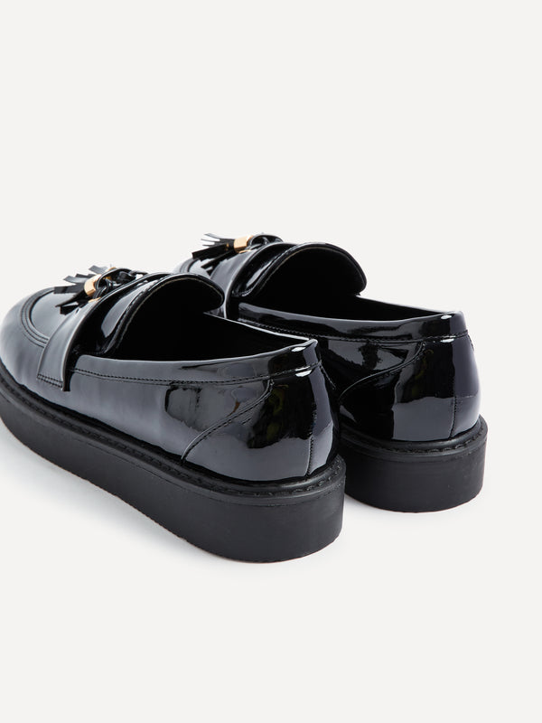 Linzi Black Faux Patent Loafer With Gold Tassel Detail