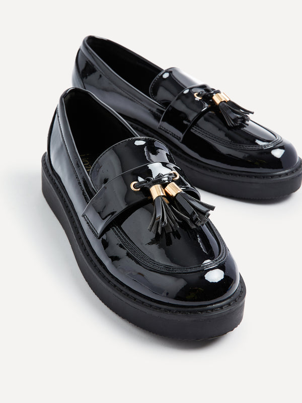 linzi Black Faux Patent Loafer With Gold Tassel Detail