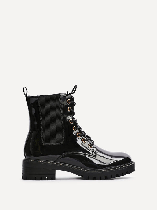 Linzi Black Faux Patent Military Boot With Gold Eyelets