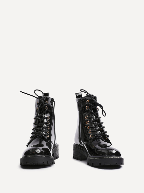 Linzi Black Faux Patent Military Boot With Gold Eyelets