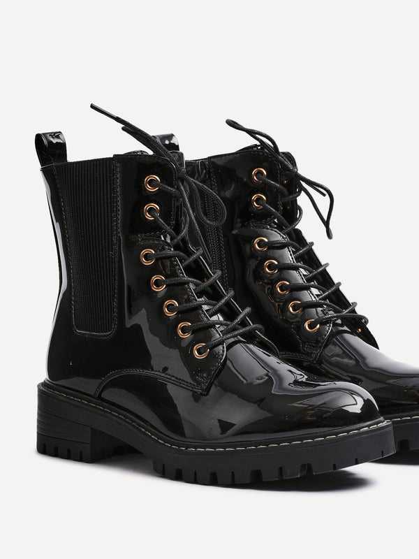 Linzi Black Faux Patent Military Boot With Gold Eyelets