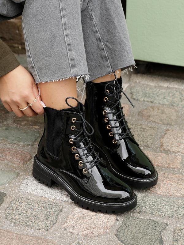linzi Black Faux Patent Military Boot With Gold Eyelets