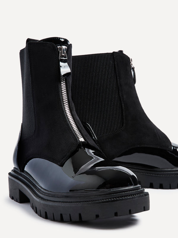 Linzi Black Faux Patent & Suede Ankle Boots With Front Zip Detail