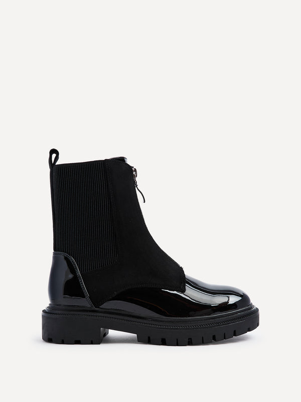 Linzi Black Faux Patent & Suede Ankle Boots With Front Zip Detail