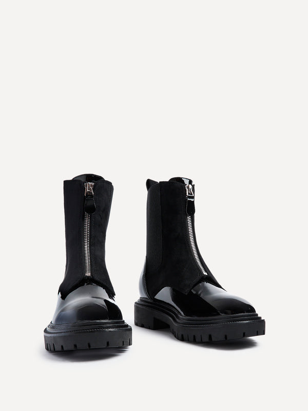 Linzi Black Faux Patent & Suede Ankle Boots With Front Zip Detail