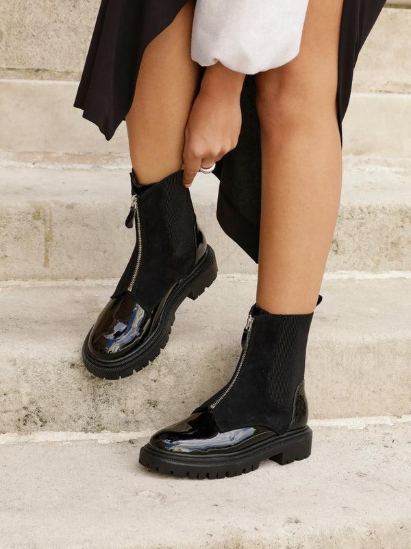 linzi Black Faux Patent & Suede Ankle Boots With Front Zip Detail