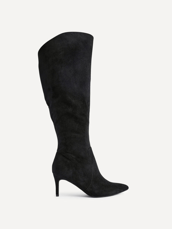 Linzi Black Faux Suede Assymetric High Leg Stiletto Boot