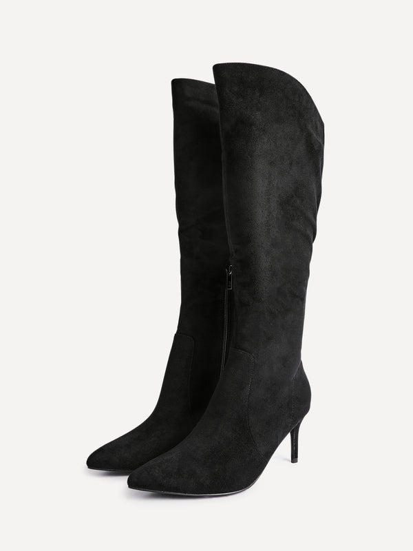 Linzi Black Faux Suede Assymetric High Leg Stiletto Boot
