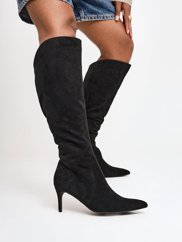 linzi Black Faux Suede Assymetric High Leg Stiletto Boot