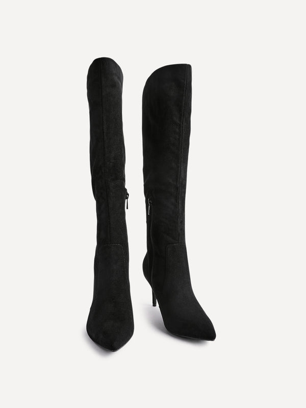 Linzi Black Faux Suede Assymetric High Leg Stiletto Boot