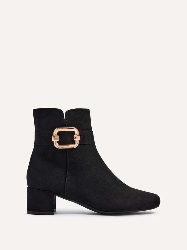 Linzi Black Faux Suede Block Heel Ankle Boot With Gold Buckle Detail