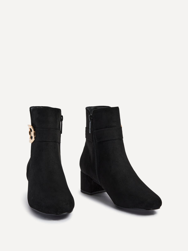 Linzi Black Faux Suede Block Heel Ankle Boot With Gold Buckle Detail