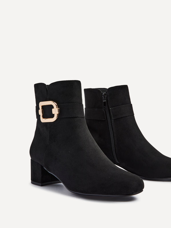 Linzi Black Faux Suede Block Heel Ankle Boot With Gold Buckle Detail