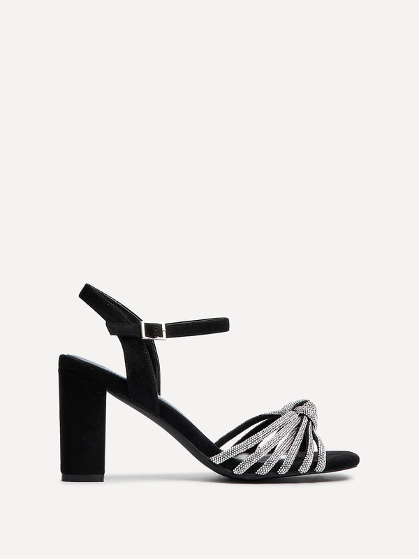 Linzi Black Faux Suede Block Heel With Diamante Knotted Front Strap