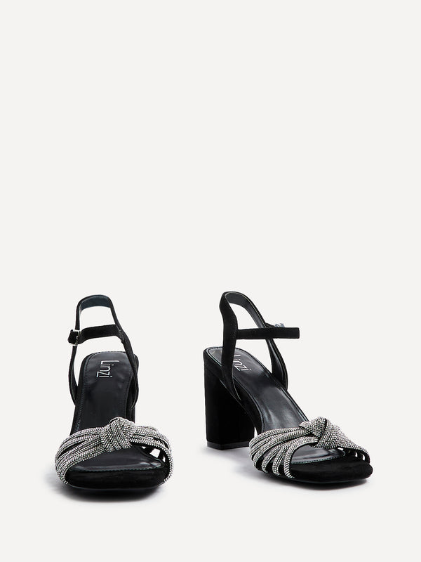 Linzi Black Faux Suede Block Heel With Diamante Knotted Front Strap