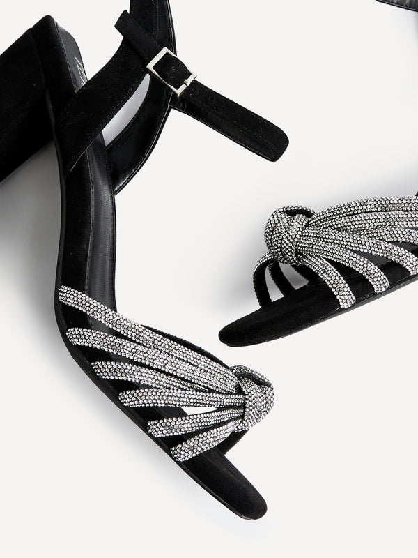 Linzi Black Faux Suede Block Heel With Diamante Knotted Front Strap