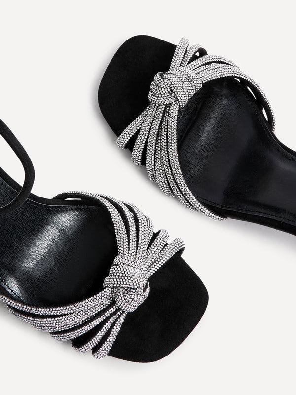 linzi Black Faux Suede Block Heel With Diamante Knotted Front Strap