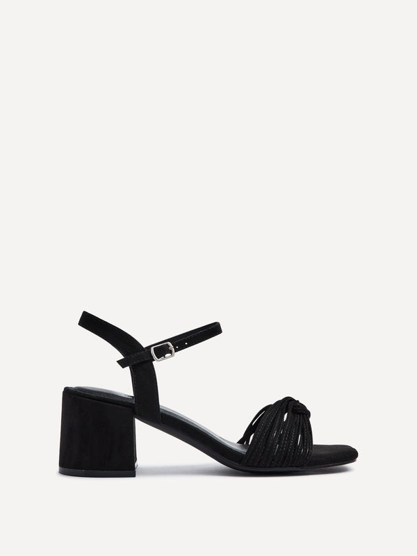 Linzi Black Faux Suede Block Heeled Sandal With Looped Front Detail