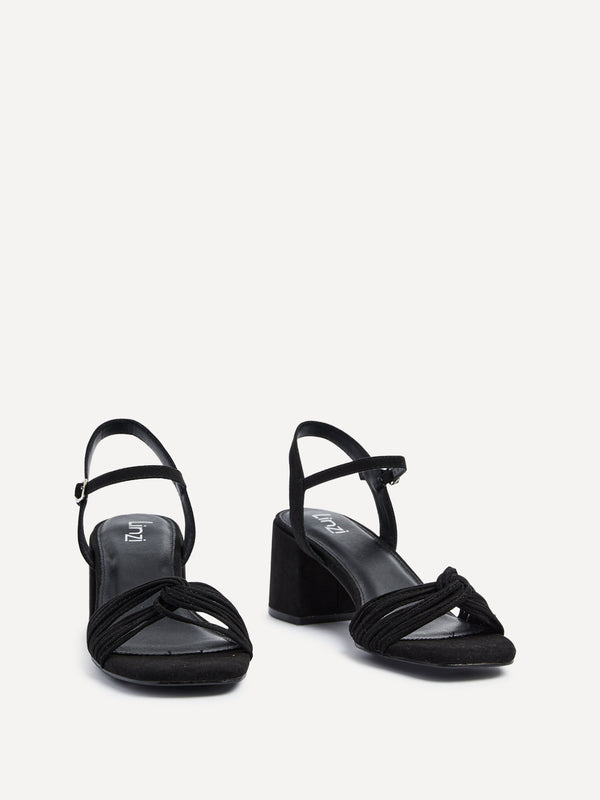 Linzi Black Faux Suede Block Heeled Sandal With Looped Front Detail