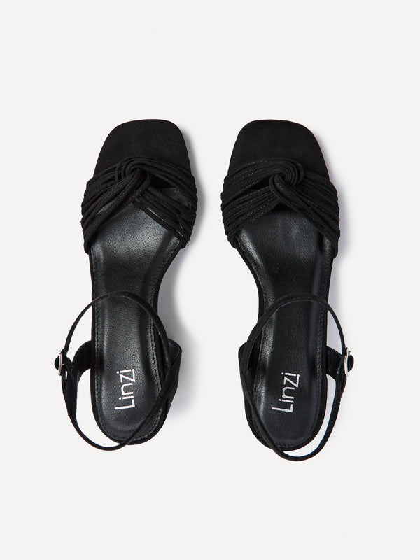 Linzi Black Faux Suede Block Heeled Sandal With Looped Front Detail