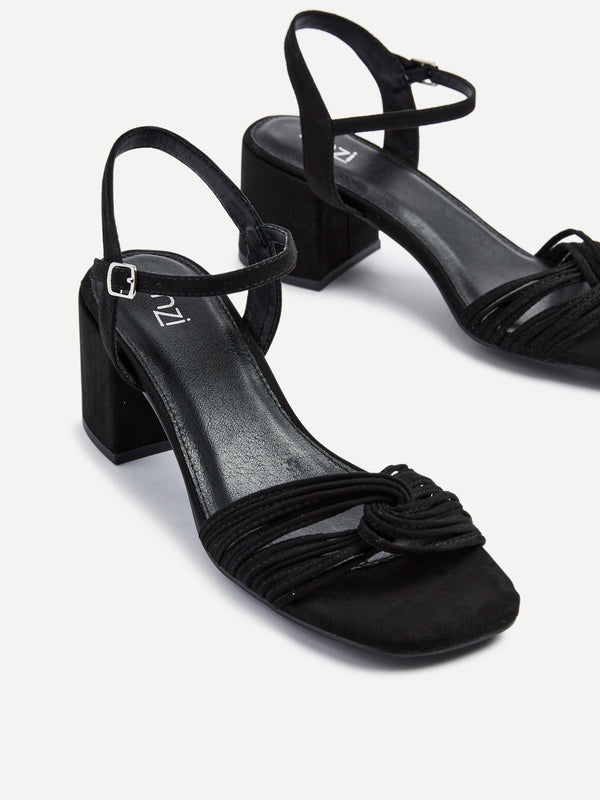 Linzi Black Faux Suede Block Heeled Sandal With Looped Front Detail