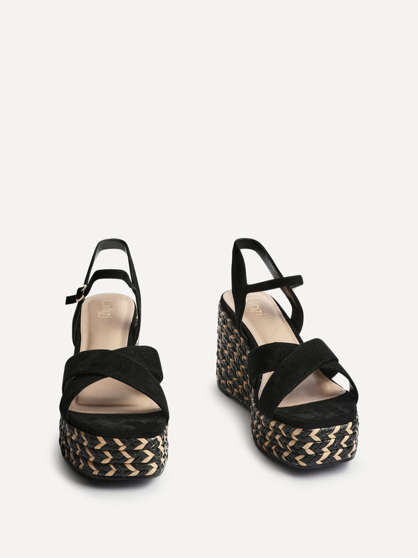 Linzi Black Faux Suede Braided Wedge With Crossover Front Strap