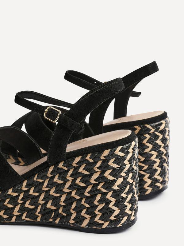Linzi Black Faux Suede Braided Wedge With Crossover Front Strap