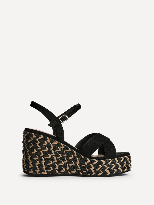 Linzi Black Faux Suede Braided Wedge With Crossover Front Strap