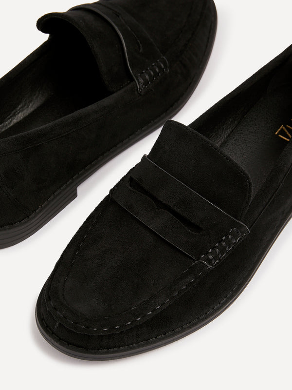 Linzi Black Faux Suede Classic Loafer With Front Tab